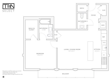 Floor plan for 1 bed, 1.5 baths